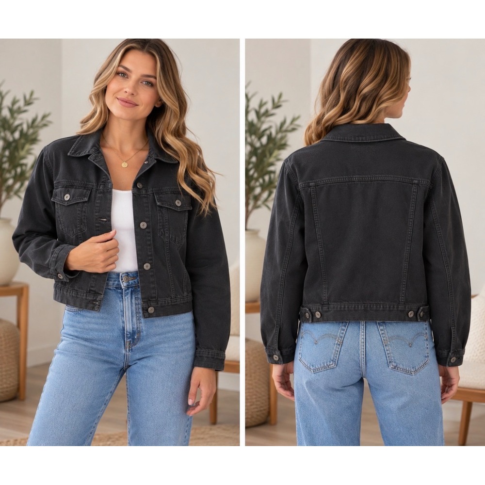 Lila Ryan Women Black Denim Trucker Jacket Plus Size 2X Cotton Blend Layering